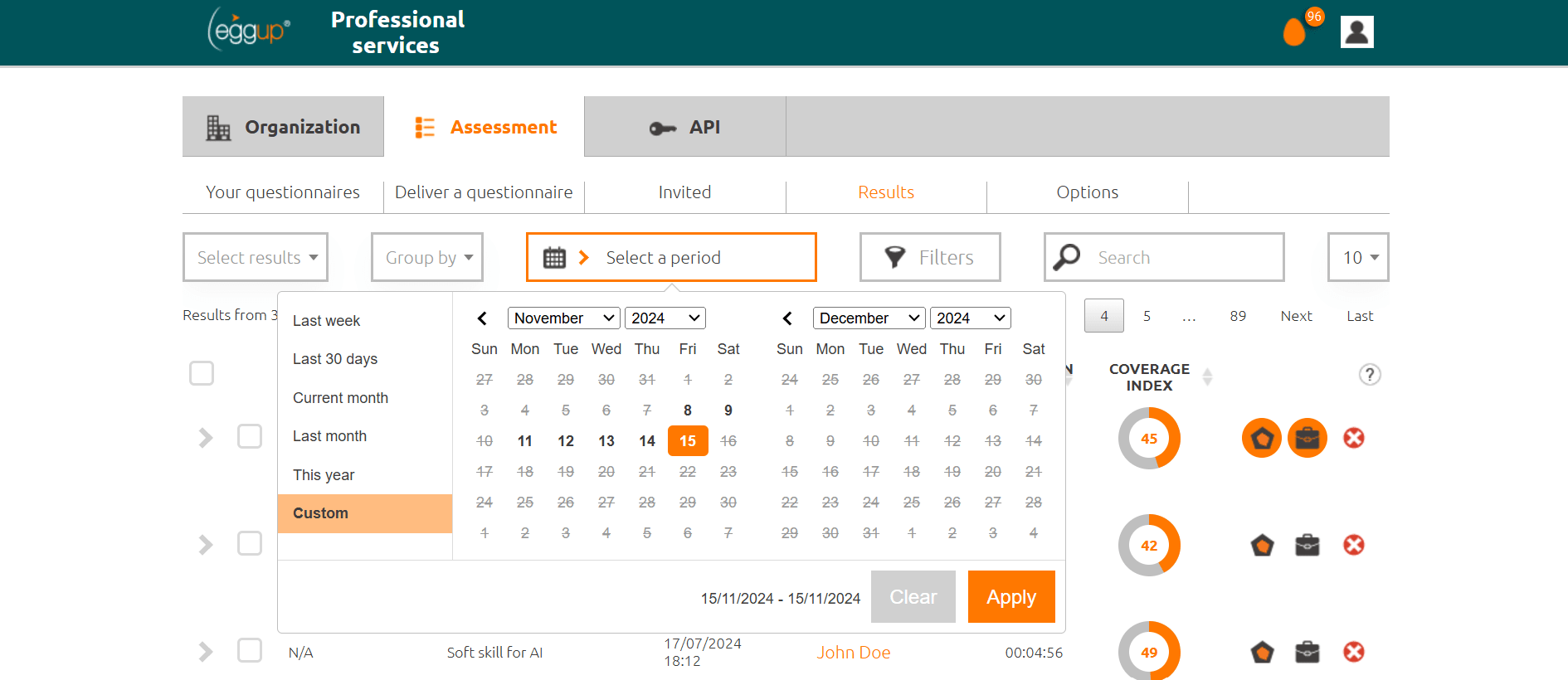 sorting and filters: select a period or a date